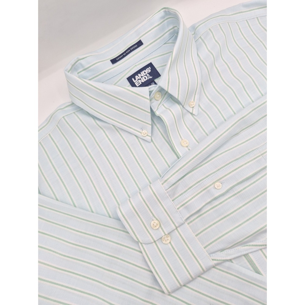Lands End Mens Oxford Button Down Shirt 16.5x33 Blue Green Stripe Long Sleeve